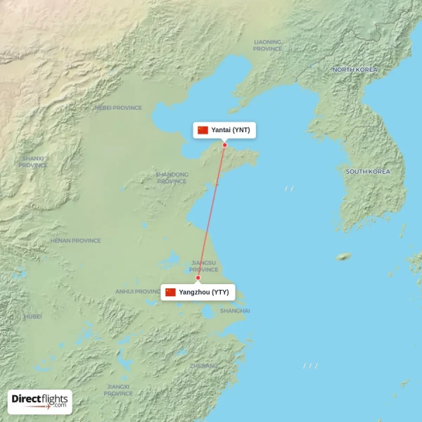 Yangzhou - Yantai direct flight map