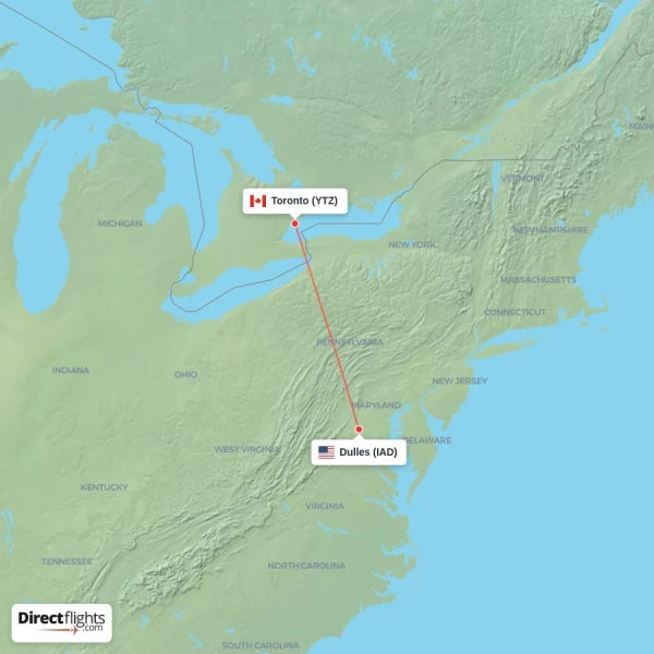 Toronto - Dulles direct flight map