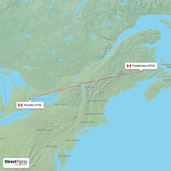Toronto - Fredericton direct flight map