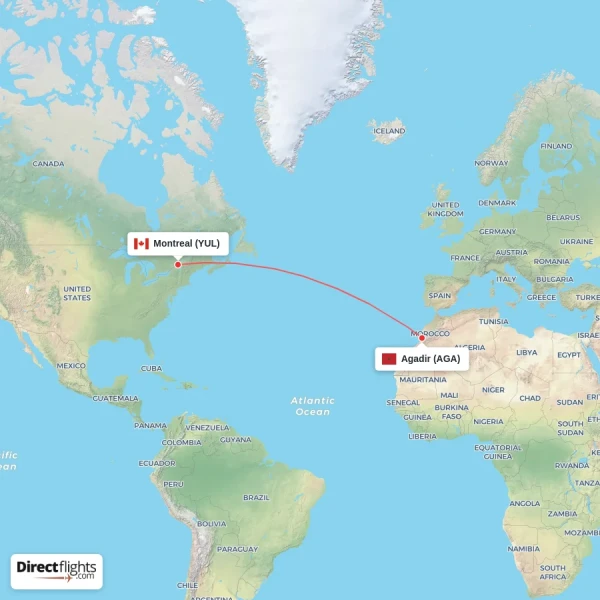 Montreal - Agadir direct flight map