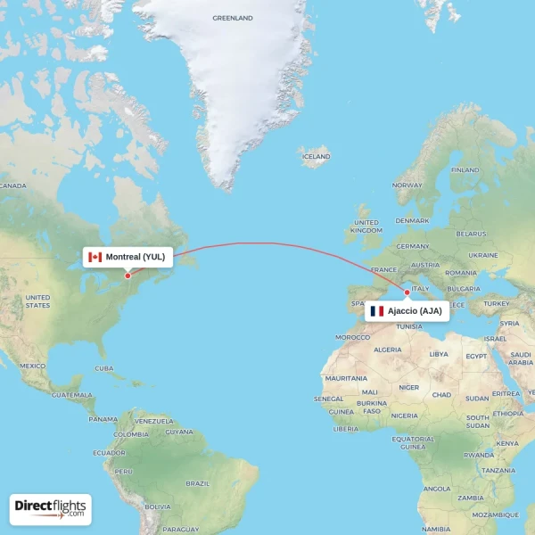 Montreal - Ajaccio direct flight map