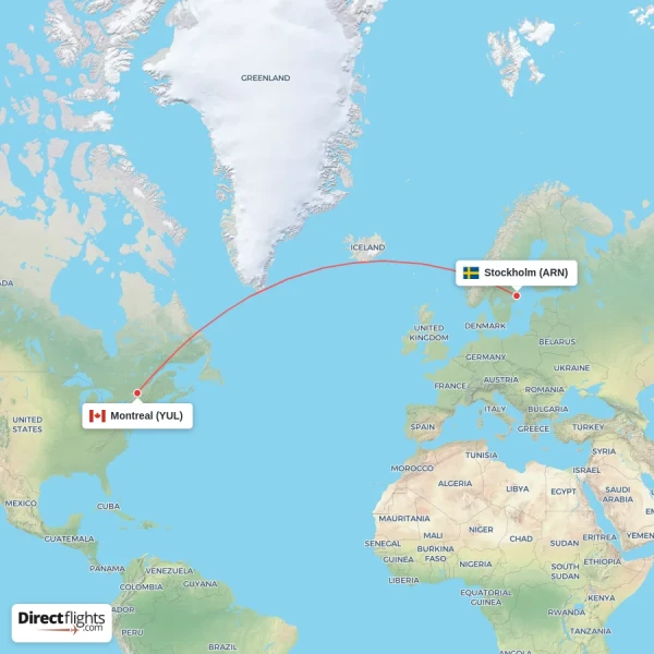 Montreal - Stockholm direct flight map