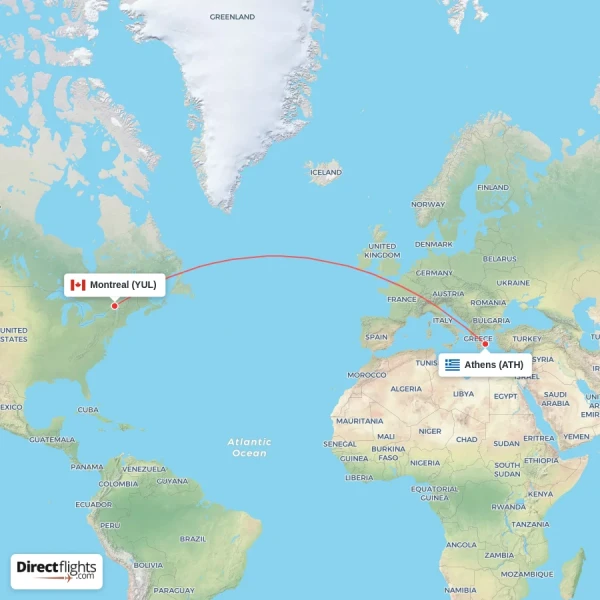 Montreal - Athens direct flight map