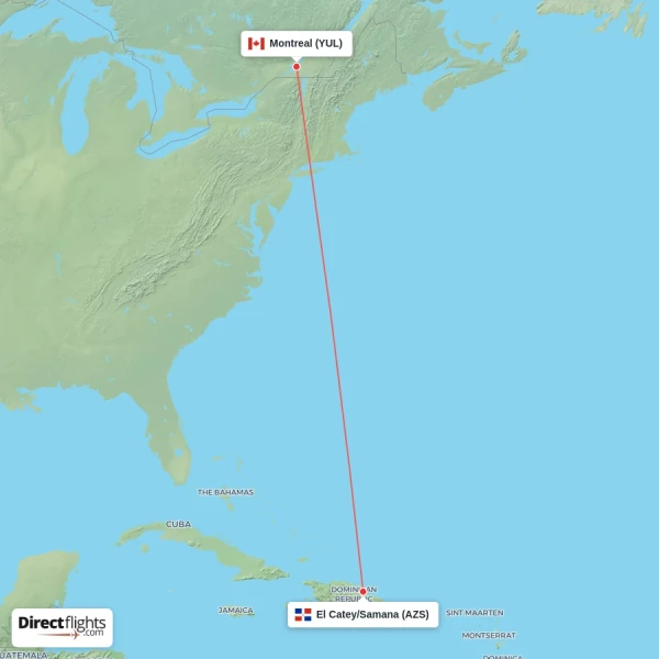 Montreal - El Catey/Samana direct flight map
