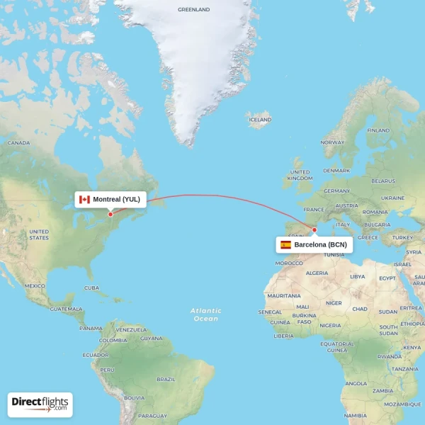 Montreal - Barcelona direct flight map