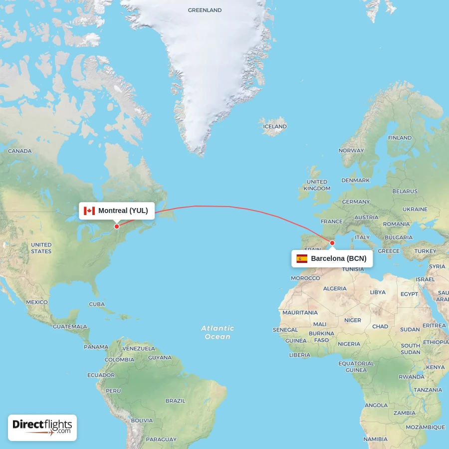 YUL - BCN route map