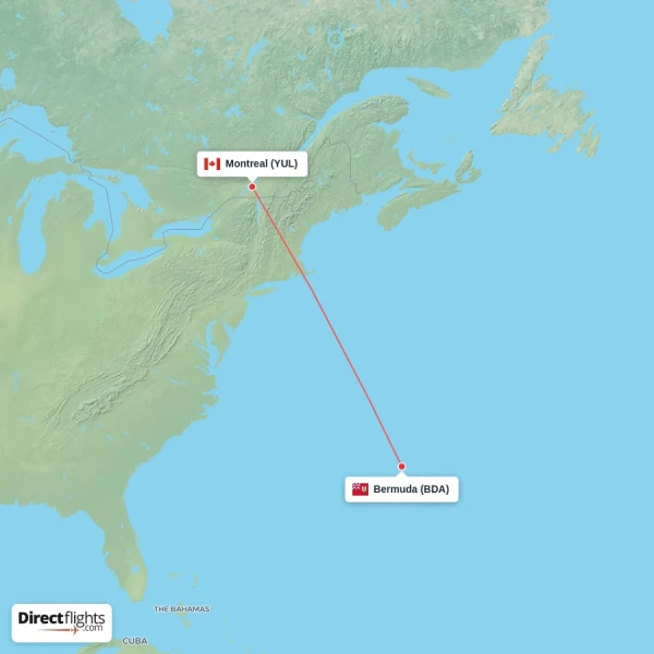 Montreal - Bermuda direct flight map