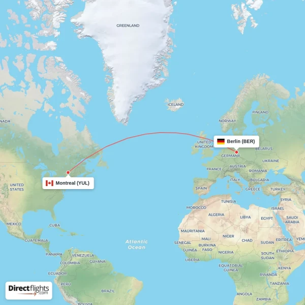 Montreal - Berlin direct flight map