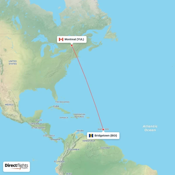 Montreal - Bridgetown direct flight map
