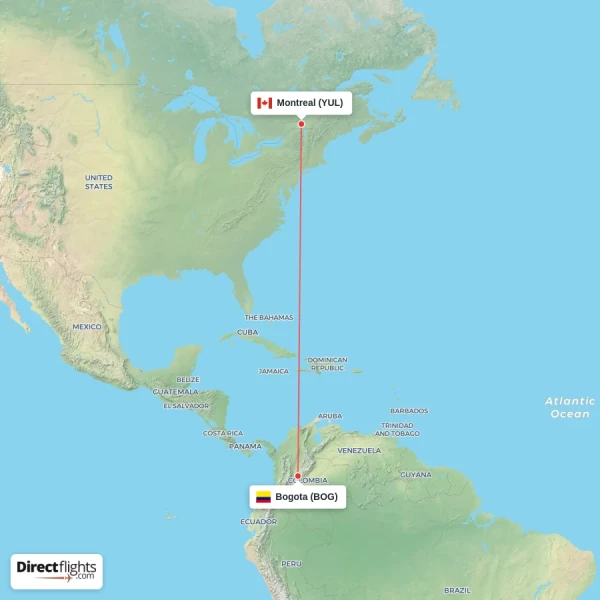 Montreal - Bogota direct flight map