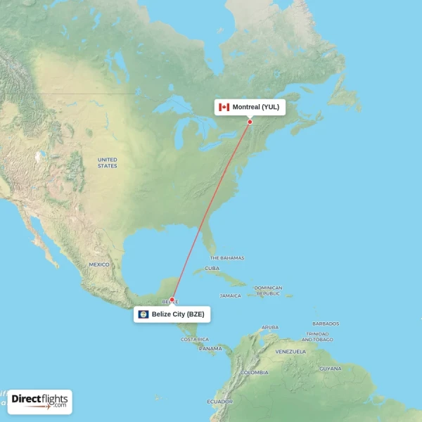 Montreal - Belize City direct flight map