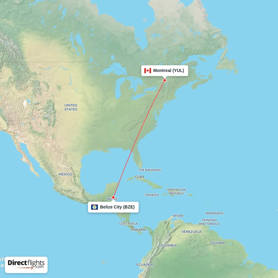 YUL - BZE route map