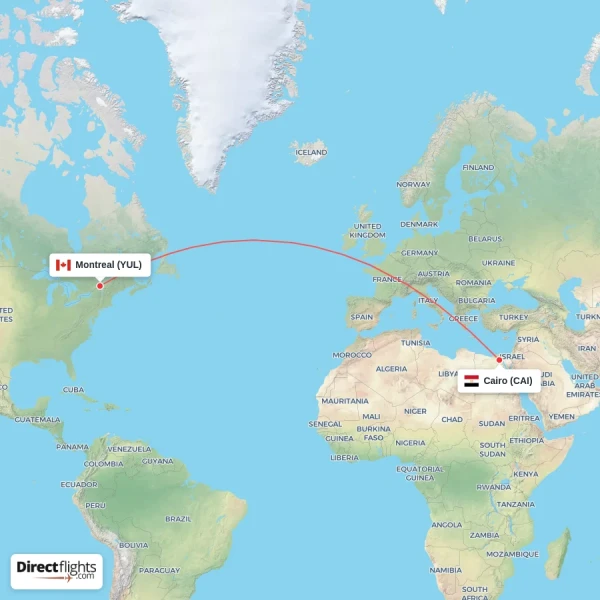 Montreal - Cairo direct flight map