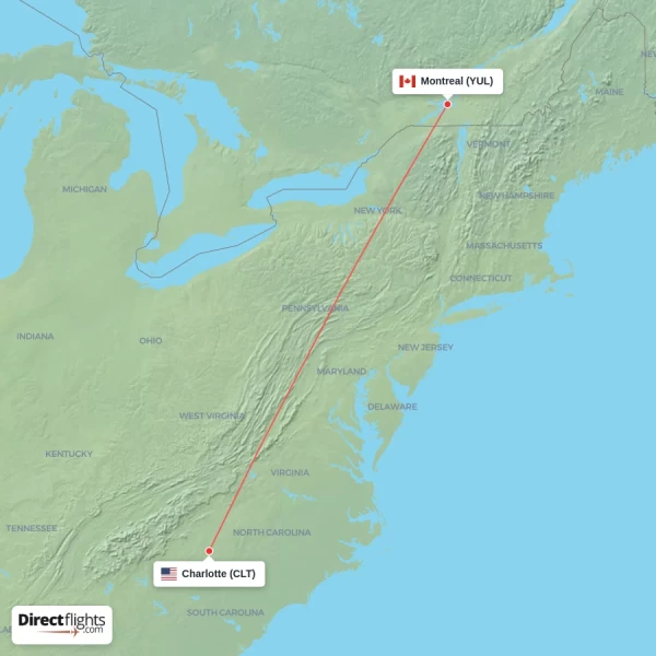 Montreal - Charlotte direct flight map