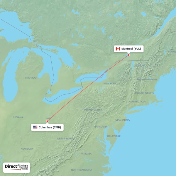 Montreal - Columbus direct flight map