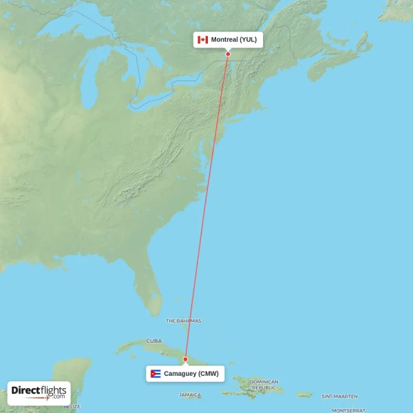 Montreal - Camaguey direct flight map