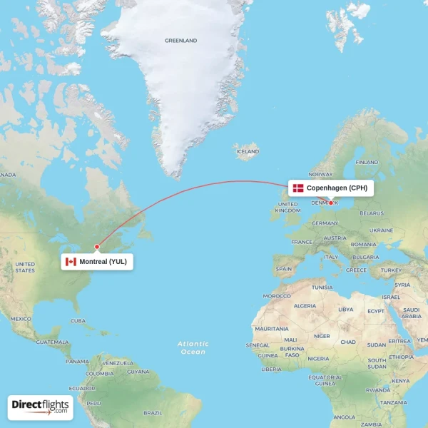 Montreal - Copenhagen direct flight map