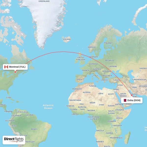 Montreal - Doha direct flight map