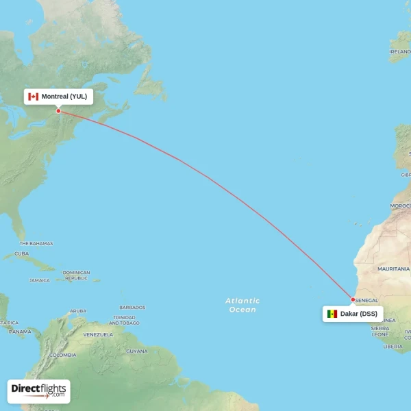 Montreal - Dakar direct flight map