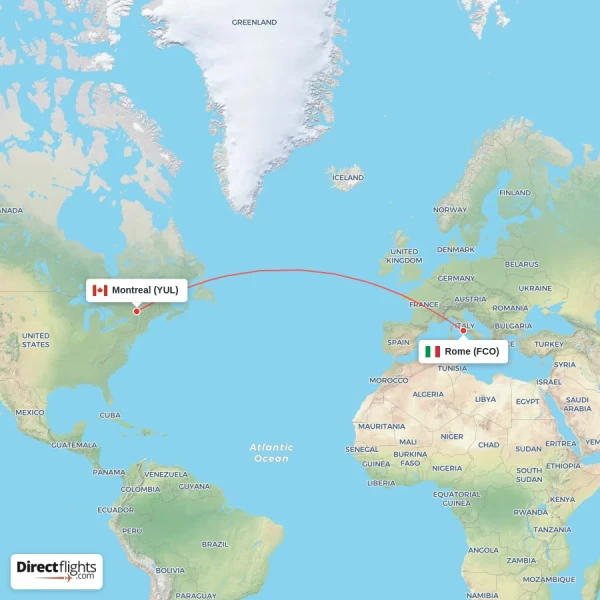 Montreal - Rome direct flight map