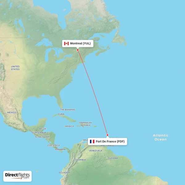 Montreal - Fort De France direct flight map