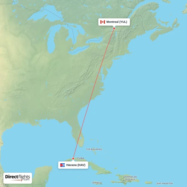 Montreal - Havana direct flight map
