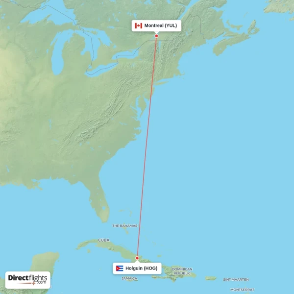 Montreal - Holguin direct flight map