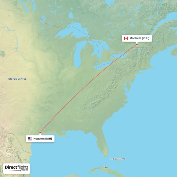 Montreal - Houston direct flight map