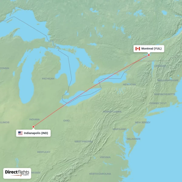 Montreal - Indianapolis direct flight map