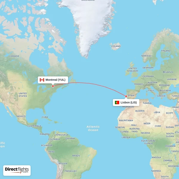 Montreal - Lisbon direct flight map