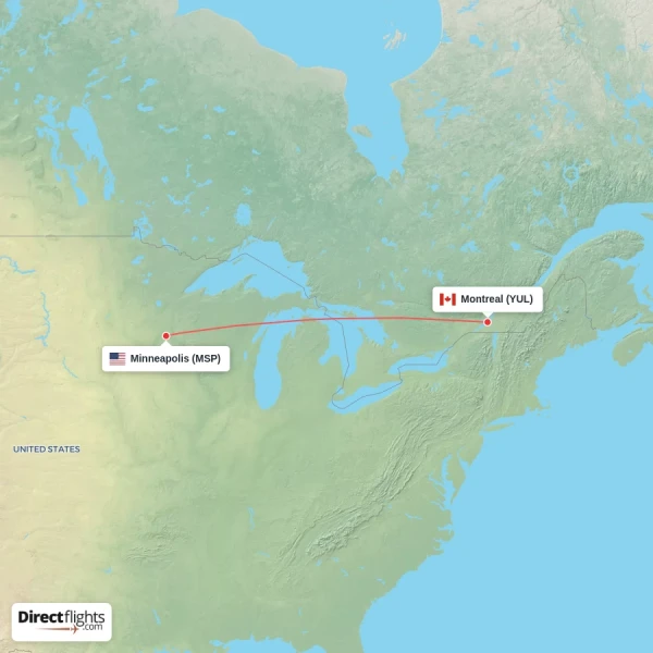 Montreal - Minneapolis direct flight map