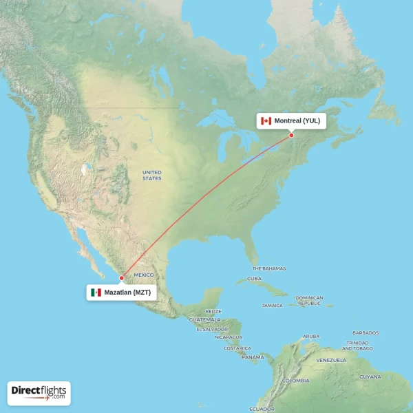 Montreal - Mazatlan direct flight map