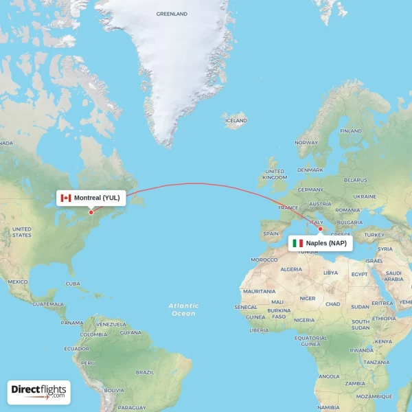 Montreal - Naples direct flight map
