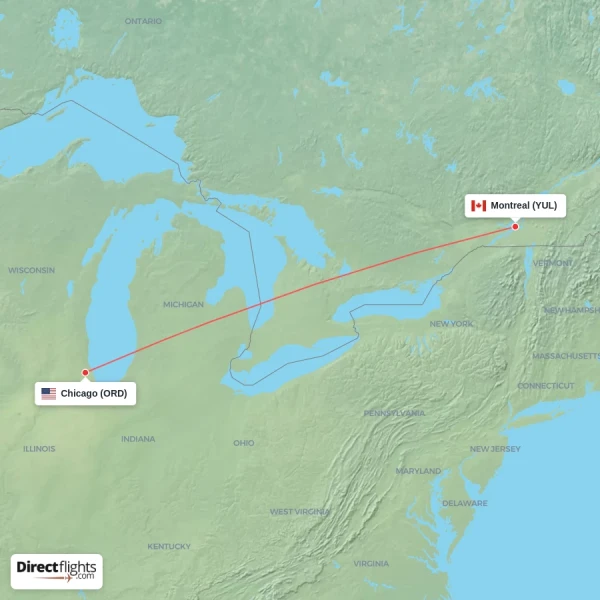 Montreal - Chicago direct flight map