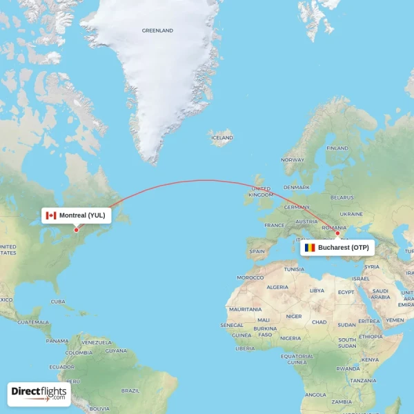 Montreal - Bucharest direct flight map