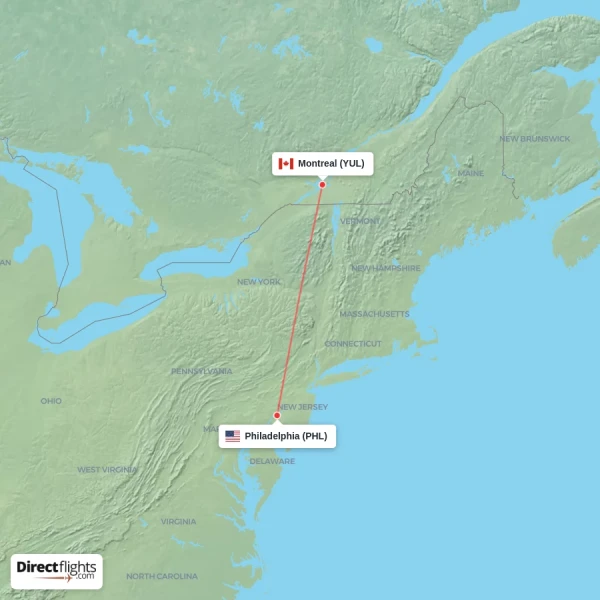 Montreal - Philadelphia direct flight map