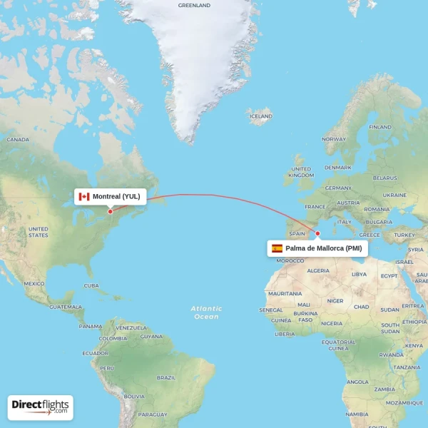 Montreal - Palma de Mallorca direct flight map