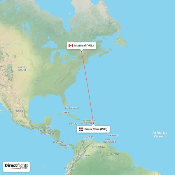 Montreal - Punta Cana direct flight map