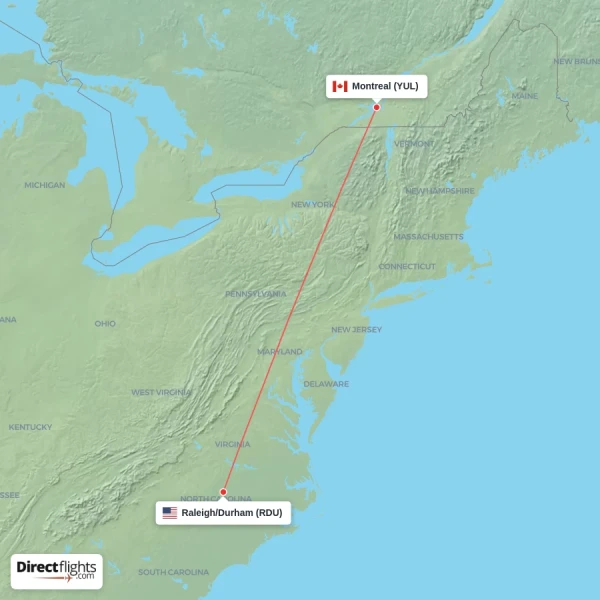 Montreal - Raleigh/Durham direct flight map