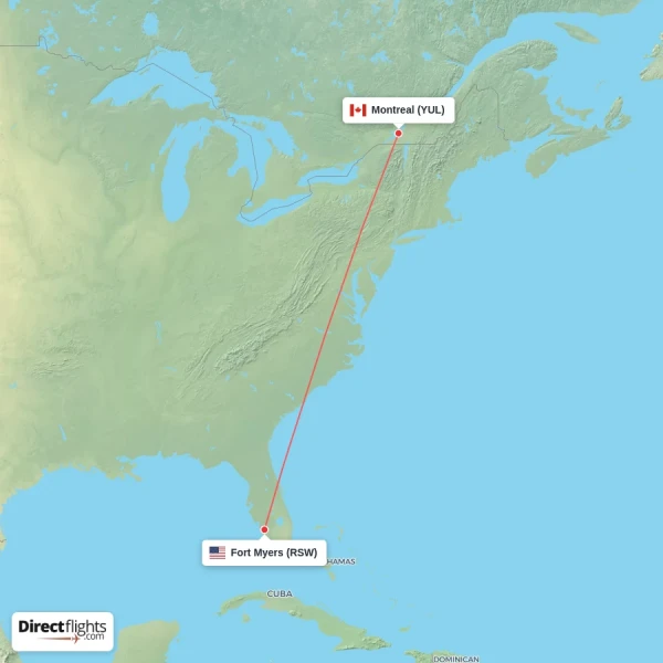 Montreal - Fort Myers direct flight map