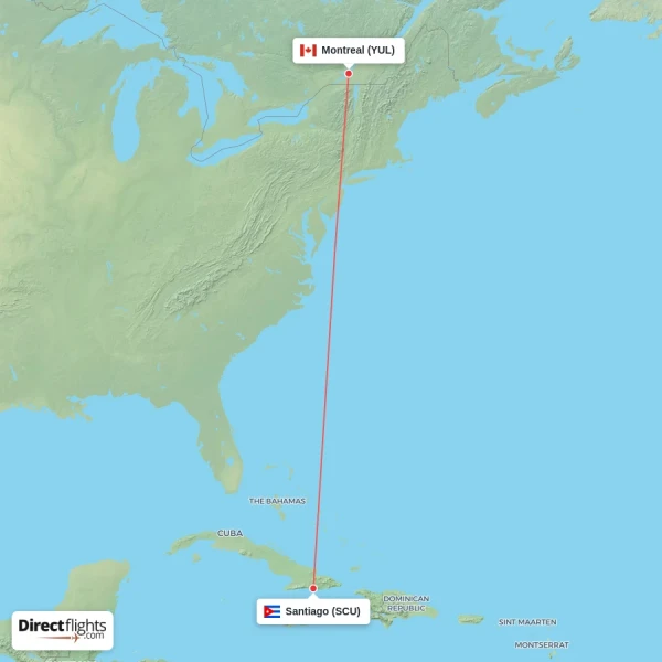 Montreal - Santiago direct flight map