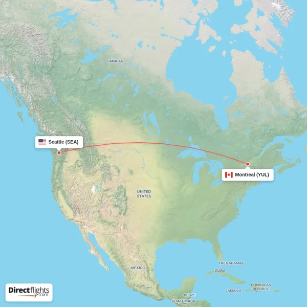 Montreal - Seattle direct flight map