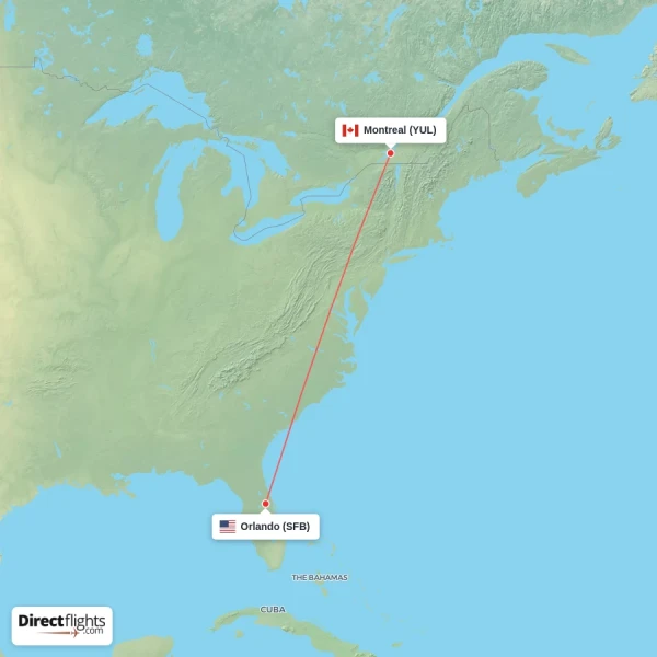Montreal - Orlando direct flight map