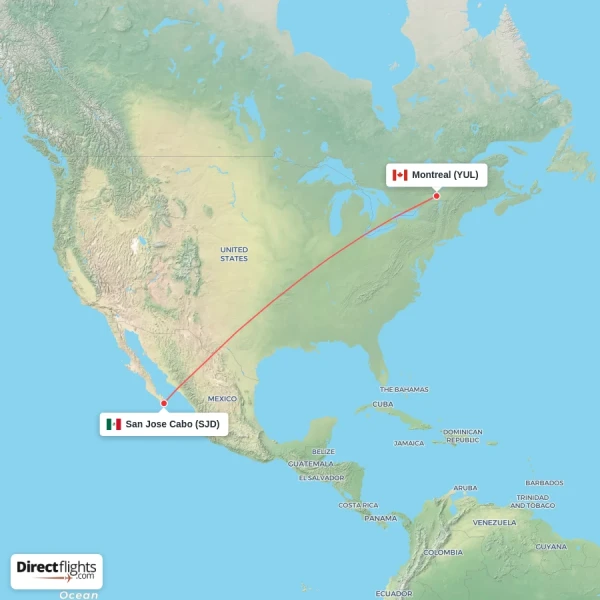 Montreal - San Jose Cabo direct flight map