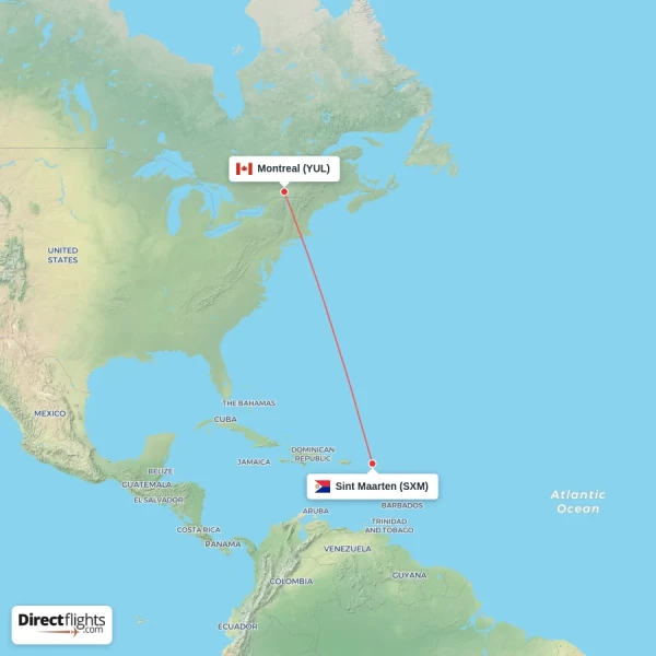 Montreal - Sint Maarten direct flight map