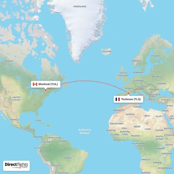 Montreal - Toulouse direct flight map