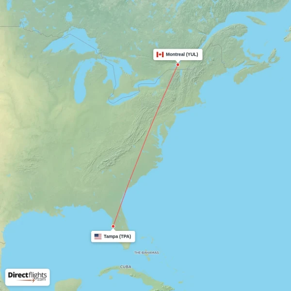 Montreal - Tampa direct flight map