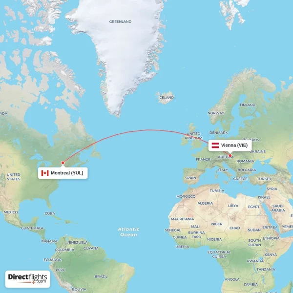 Montreal - Vienna direct flight map