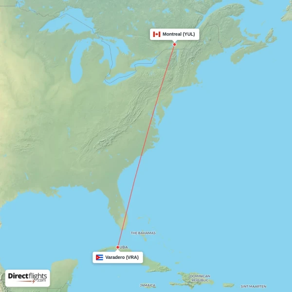 Montreal - Varadero direct flight map