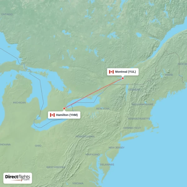 Montreal - Hamilton direct flight map